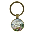 Bronze floral keychain with Spanish Bible verse Salmos 144:15 on glass cabochon - Antique Bronze