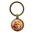 Vintage bronze keychain featuring an artistic red fox illustration under glass cabochon - Antique Bronze