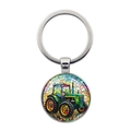 Vintage metalen tractor sleutelhanger met kleurrijk glasdecor in zilveren ring - Zilver (XSWX8084)
