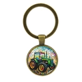 Vintage metalen tractor sleutelhanger met kleurrijke ronde glas-in-lood hanger - Antiek Brons (XSWX8084)