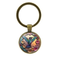 Kolibri Glas-Cabochon Schlüsselanhänger in Antik-Bronze mit buntem Blumenmuster - Antikbronze