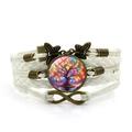 Detalle de pulsera de cuero trenzado blanco con cabujón de Árbol de la Vida e infinito - Blanco