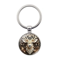Portachiavi vintage alce della foresta con illustrazione artistica e anello in metallo - Testa di Alce Argento (XSWX8209-2)