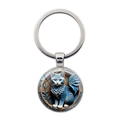 Porte-clés cabochon en verre avec chat bleu ailé et anneau en métal argenté brillant - Argenté