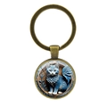 Porte-clés vintage en bronze avec chat bleu ailé sous dôme en verre pour cadeau - Bronze Antique