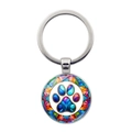 Colorful paw print glass keychain with vibrant mosaic pattern on a silver metal ring - Colorful Glass Paw (XSWX8206-6)