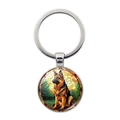 German Shepherd glass pendant keychain with colorful art patterns on silver metal ring - Silver