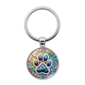 Silberner Schlüsselanhänger mit buntem Katzen- oder Hundepfotenabdruck aus Glaskunst - Regenbogen Pfotenabdruck (XSWX8206-2) / Silber