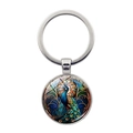 Detailed view of colorful peacock keychain with vibrant glass art style and silver metal frame - Vivid Open Peacock Style (XSWX8217-6)