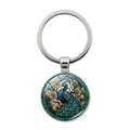 Colorful peacock glass cabochon keychain with silver metal ring for car and bag - Emerald Feather Texture Style (XSWX8217-5)
