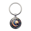 Close-up of circular metal keychain with black cat on crescent moon design - Purple Dreamy Black Cat Style (XSWX8219-6)
