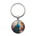 Exquisiter Pfauen Cabochon Schlüsselanhänger mit blauen Federn und Blumen auf Silberring - Eleganter Blumenpfau Stil (XSWX8217-3)
