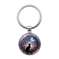 Artistic metal keychain with black cat on moon design in polished silver finish - Stained Glass Art Black Cat Style (XSWX8219-5)