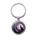 Llavero de plata pulida con silueta de gato negro y diseño de luna en color púrpura - Estilo Atrapasueños de Gato Negro Cielo Estrellado (XSWX8219-4)