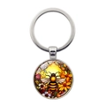 Silver metal bee and floral glass dome keychain pendant for bags and car keys - Stunning Artistic Illustration Of Bees And Flowers (xswx8220-5)