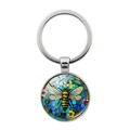 Künstlerischer Bienen-Schlüsselanhänger mit Silberring und buntem Glasanhänger - Blaue Sechseckige Honigwabe Mit Rosa Und Gelben Blüten Und Einer Kleinen Biene (xswx8220-3)
