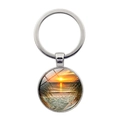 Porte-clés avec paysage de coucher de soleil sur la plage et anneau en métal argenté poli - Style Silhouette de Palmier Coucher de Soleil (XSWX8214-5)