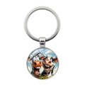 Close-up of funny cartoon cow glass cabochon pendant with silver metal keyring - Laughing Cartoon Cows Style (XSWX8213-6)