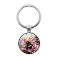 Künstlerischer Bienen- und Blumen-Schlüsselanhänger aus Glas mit poliertem Metallring - Rosaviolette Blütenstände Und Wabenförmige Bienen (xswx8220-2)
