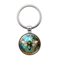 Polierter Bienen-Schlüsselanhänger mit buntem Rundanhänger im Buntglas-Kunststil - Mosaik Im Stil Von Buntglas Blaue Gelbe Und Braune Farbtöne Mit Bienenmotiv (xswx8220-1)