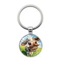 Funny cow glass cabochon keychain with silver metal ring for bags and car keys - Funny Cow Headshot Style (XSWX8213-4)