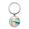 Metalen sleutelhanger met een ronde hanger met een strandzonsondergang landschap - Strand Zonsondergang Golven Stijl (XSWX8214-1)