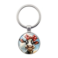 Funny cartoon cow glass dome keychain with silver metal ring for car bags and gift - Cow with Red Bow Style (XSWX8213-2)