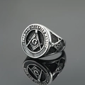 Vintage silver and black stainless steel Freemason ring with Masonic square and compass - US 7 / Steel Black
