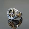 Freemasonry titanium steel signet ring with blue enamel and gold square and compass symbol - US 7 / Drip Oil Blue