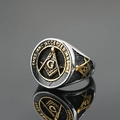 Men's two-tone stainless steel Freemason ring with black enamel and compass logo - US 7 / Black & Gold