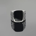 Men's vintage titanium steel signet ring with black square stone and celtic knot details - US 7 / Retro Silver
