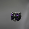 Retro stainless steel owl ring featuring mysterious purple resin eyes and feather texture - Size 7 / Steel Color Purple Eye