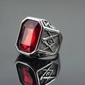 Vintage stainless steel Freemason ring with rectangular red gemstone and G symbol - US 7 / Silver Base Red Gemstone