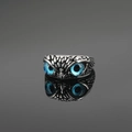 Vintage owl eye ring in silver finish with dark blue gemstone eyes for men and women - Size 7 / Silver Blue Eye