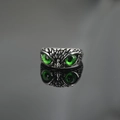 Vintage owl ring in antique silver with striking green resin eyes and feather details - Size 7 / Steel Color Green Eye