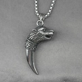 Vintage silver wolf tooth pendant necklace with wolf head carving on steel box chain - Wolf Head Pendant With Box Chain