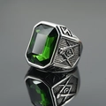 Vintage stainless steel Masonic ring with rectangle green gemstone and G symbol - US 7 / Silver Base Green Gemstone