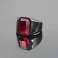 Polished black ring with a red emerald-cut gemstone for men and women - US 7 / Black Ring Red Stone
