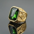 Vintage gold Freemason ring with rectangular emerald green gemstone for men - Gold Band Green Gemstone