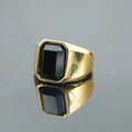 Polished gold signet ring for men and women featuring a rectangular black gemstone - Gold Base Black Stone