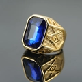 Golden Freemasonry ring for men with rectangular blue gemstone and engraved symbols - Gold Tone Blue Eye