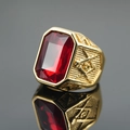 Men's retro gold-plated Freemason ring featuring a bold rectangular red gemstone - Gold Band Red Gemstone