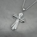 Vintage stainless steel cross pendant necklace with embossed details on box chain - Necklace