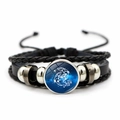 Multilayer braided leather bracelet with Pisces zodiac symbol on a starry blue glass dome - Pisces (XSWX7346-2)