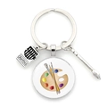 Macro detail of art palette keychain with metal crayons pendant and miniature paintbrush - Realistic Paintbrush Style(XSWX7351-6)
