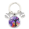 Starry sky abstract art tree and house glass pendant keychain with silver metal charms - Pop Art Tree (XSWX7352-9)