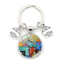 Detail of artistic tree and house glass pendant with hollow metal charms on keychain - Modern Art House (XSWX7352-7)