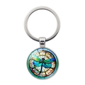Macro view of vintage dragonfly glass cabochon pendant on silver metal keychain - Blue and Green Painted Window Art Dragonfly Style (XSWX7380-7)
