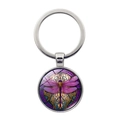 Detailed macro view of the silver metal keychain with purple dragonfly glass dome art - Purple Tone Window Art Dragonfly Style (XSWX7380-6)