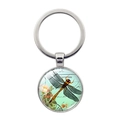 Vintage dragonfly glass gem keychain with retro floral patterns and metallic ring - Painted Dragonfly Bill Background Style (XSWX7380-1)